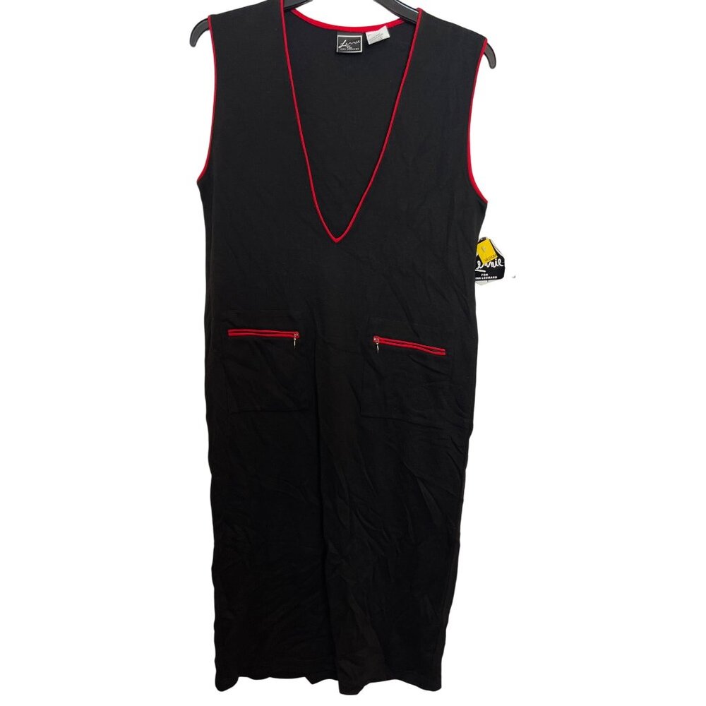 Lennie For Nina Leonard Black Sleeveless Dress With Red Trim & Zipper Pockets Me